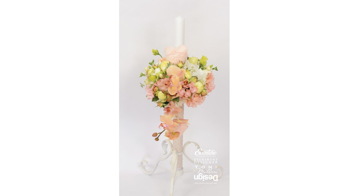 Lumanare de botez cu trandafiri si orhidee cymbidium, 65x4 cm, Peach Rose 3